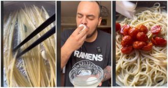 Copertina di “L’acqua di scolo della mozzarella è perfetta per farci la pasta. Gli spaghetti cotti così sanno di pizza”: la ricetta del tiktoker fa discutere