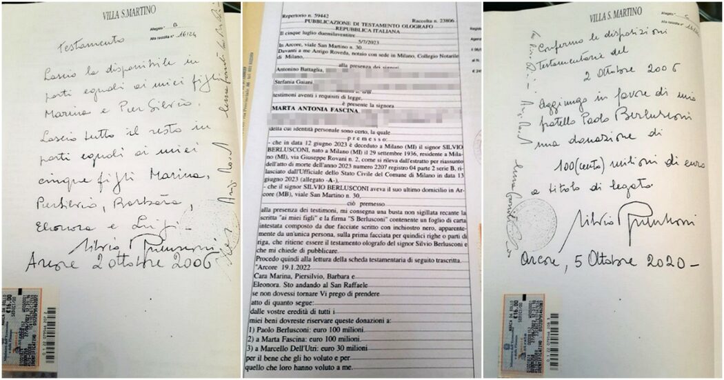 Il testamento di Berlusconi: 2 documenti dal notaio e uno consegnato ieri da Marta Fascina ad Arcore, con 100 milioni a lei e 30 a Dell’Utri | Foto