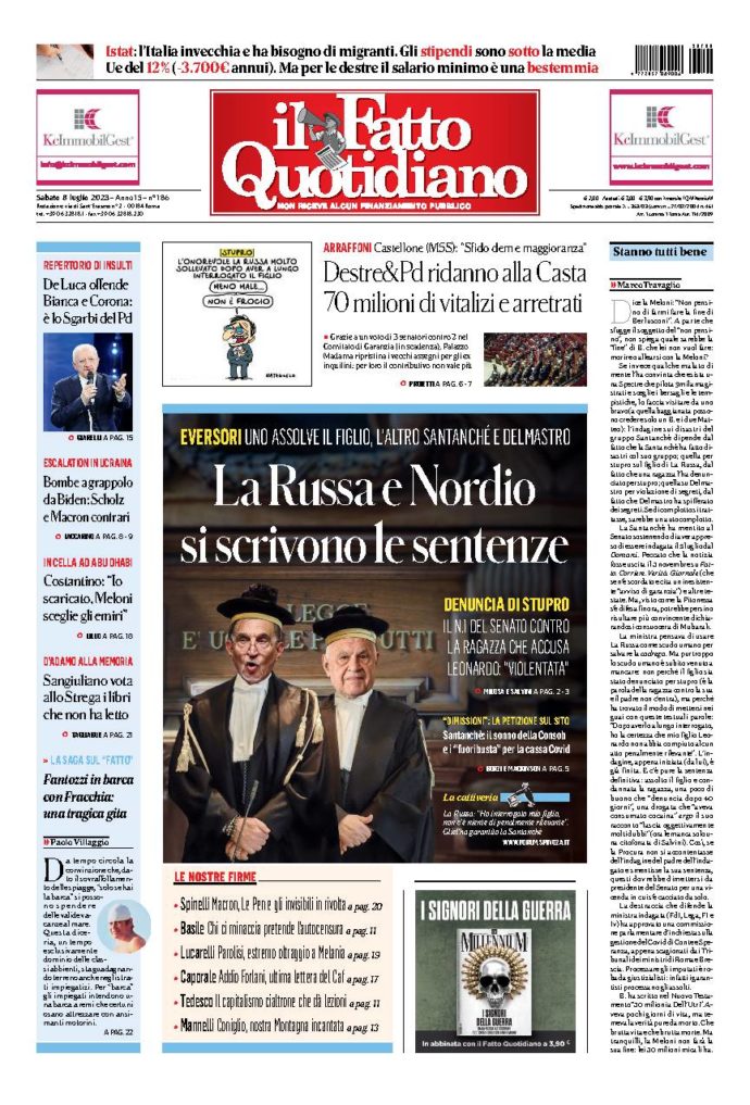 Copertina de Il Fatto Quotidiano di Sab 8 Luglio 2023