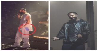 Copertina di Drake colpito da un cellulare mentre si esibisce sul palco: panico e arresto del fan che “ha usato il telefono come arma”