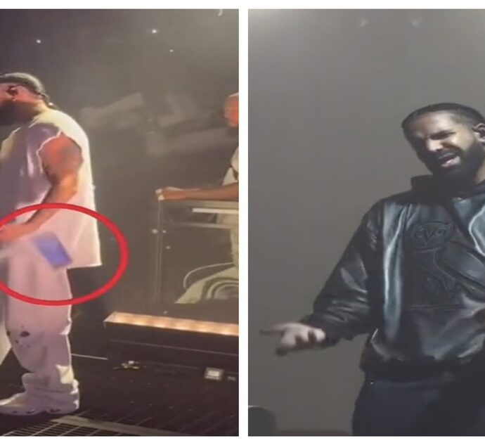 Drake colpito da un cellulare mentre si esibisce sul palco: panico e arresto del fan che “ha usato il telefono come arma”