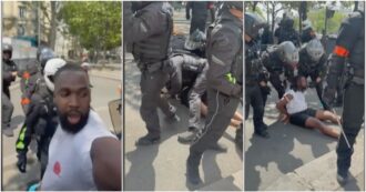 Copertina di Francia, l’attore Youssouf Traoré placcato e tenuto a faccia in giù dagli agenti durante la manifestazione in memoria del fratello (video)