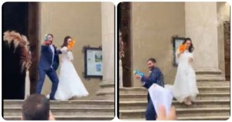 Copertina di Sposi prendono le pistole ad acqua e iniziano una “battaglia” fuori dalla chiesa: il video è virale