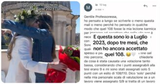 Copertina di Si laurea con 108, scrive alla prof e pubblica la mail: “Perché una votazione tanto bassa?”. Il video sul web scatena le critiche