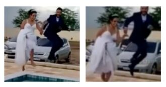 Copertina di Sposi decidono di buttarsi in piscina vestiti con gli abiti nuziali, prendono la ricorsa ma uno solo salta: “Matrimonio finito” – Il video