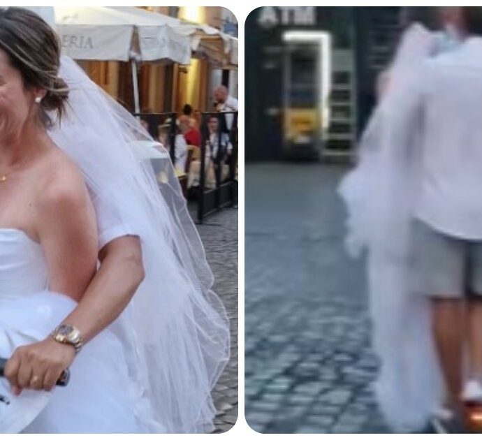 Novelli sposi girano tra le vie di Roma con il monopattino elettrico (preso a noleggio): “Quello che mi sorprende vedere è com’era vestito lo sposo”
