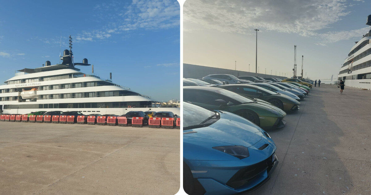 Oltre 100 Lamborghini schierate sul molo per i passeggeri del mega yacht di lusso: “Così faranno un’escursione tra i trulli della Puglia”