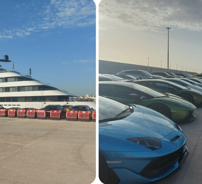 Oltre 100 Lamborghini schierate sul molo per i passeggeri del mega yacht di lusso: “Così faranno un’escursione tra i trulli della Puglia”