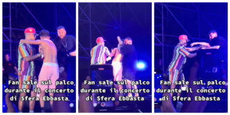 Copertina di Caos al concerto di Sfera Ebbasta, fan sale sul palco e lui sbotta con la sicurezza:  “Nessuno che si muove? State lavorando o cosa state facendo?”