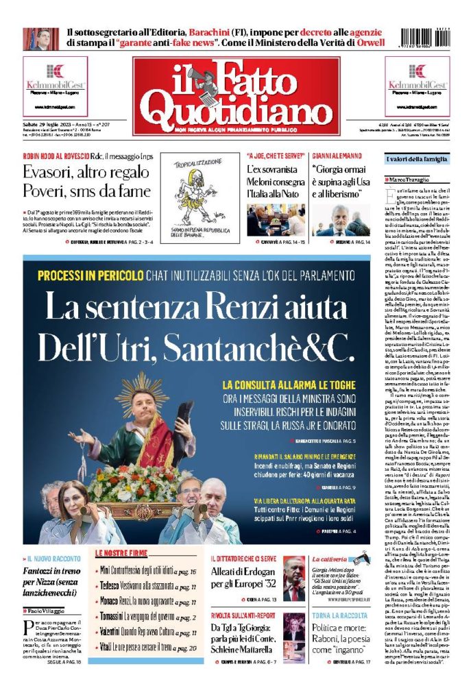 Copertina di sabato 29 Luglio 2023