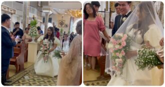 Copertina di Matrimonio nella chiesa allagata dal tifone: sposi e invitati con l’acqua alle caviglie, l’abito bianco galleggia – Video
