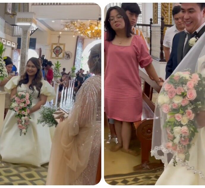 Matrimonio nella chiesa allagata dal tifone: sposi e invitati con l’acqua alle caviglie, l’abito bianco galleggia – Video