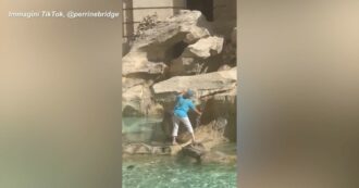 Copertina di Turista si arrampica sulla Fontana di Trevi a Roma per riempire una bottiglietta d’acqua e viene fermata – Video