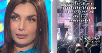 Copertina di Elettra Lamborghini, fan le lancia una bottiglia d’acqua durante lo show: “Chi è quel cornuto? Chiedi scusa” – VIDEO