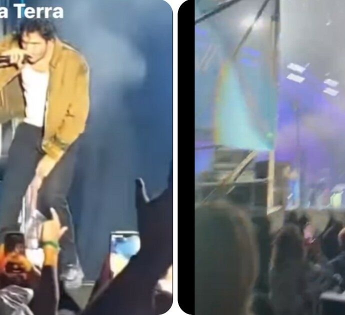 Tananai, incidente durante il concerto: cerca di avvicinarsi ai fan ma cade dal palco – VIDEO