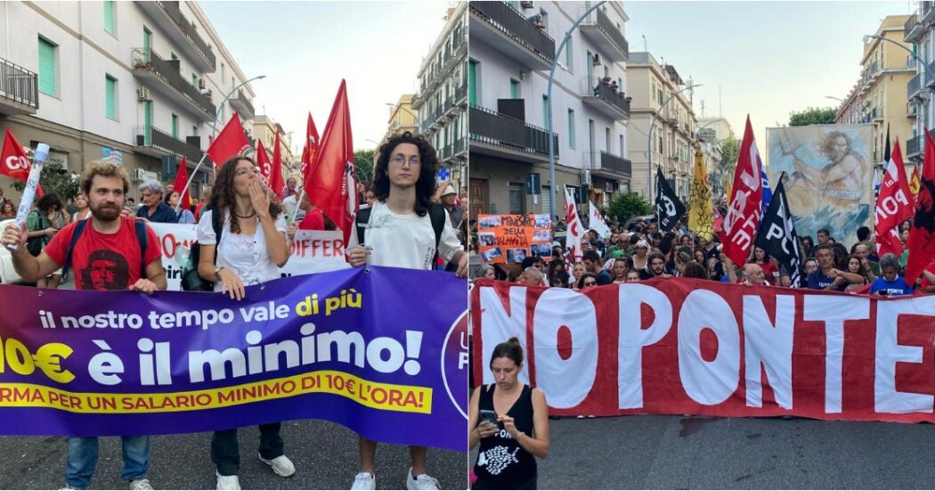 Salario minimo, clima e no all’autonomia differenziata: a Messina la manifestazione contro il Ponte unisce le istanze del Sud. “Vogliamo acqua e sanità pubblica”