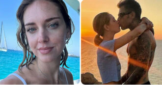 Copertina di Chiara Ferragni e Fedez in spiaggia con tate e guardia del corpo, è polemica: “Manca solo quello che regge il libro e gira le pagine”