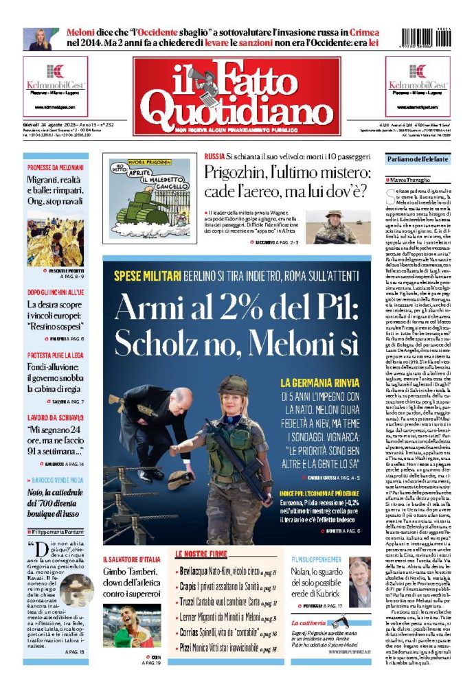 Copertina di giovedì 24 Agosto 2023