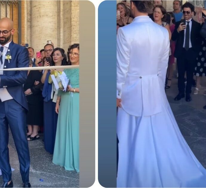Valerio Scanu e Luigi Calcara si sono sposati: abito bianco e strascico per il cantante di Amici – FOTO