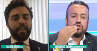 Copertina di Lite Donno (M5s)-Zanni (Lega). “Avete detto che in Europa la pacchia sarebbe finita. Da voi solo fuffa”. “Tu invece hai abolito la povertà”. Su La7