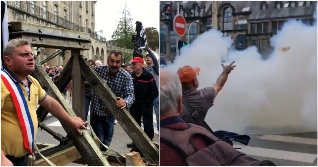 Una catapulta alla manifestazione in difesa dell’ospedale. Succede a Carhaix in Francia: scontri tra manifestanti e gendarmeria (video)