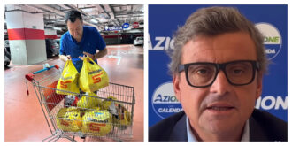 Copertina di Matteo Salvini all’Esselunga: “Niente pesche, ma tanta roba!”. Carlo Calenda gli risponde: “Non rompere le pa**e e vai a lavorare”