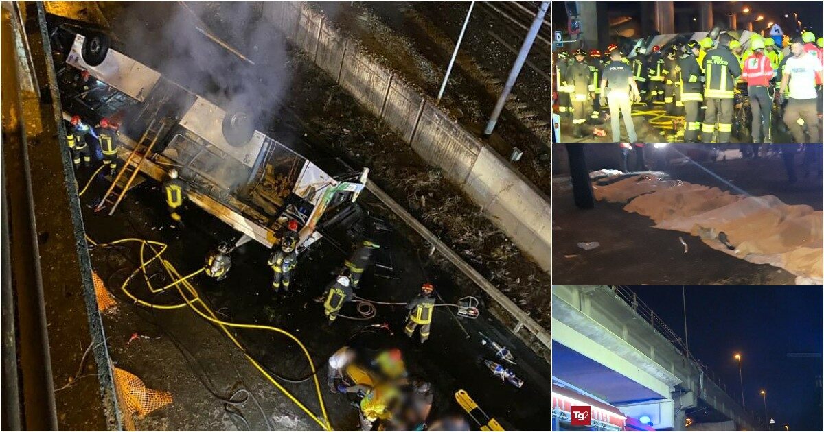 Mestre, bus di turisti precipita da un cavalcavia e prende fuoco: 21 morti, anche due bambini. Il sindaco di Venezia: “Scena apocalittica”