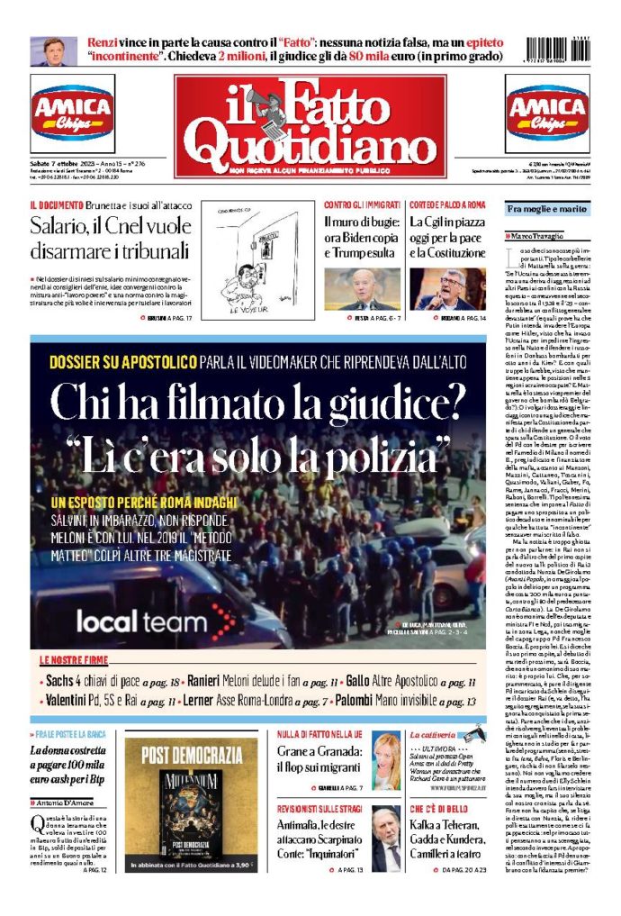 Copertina di sabato 7 Ottobre 2023