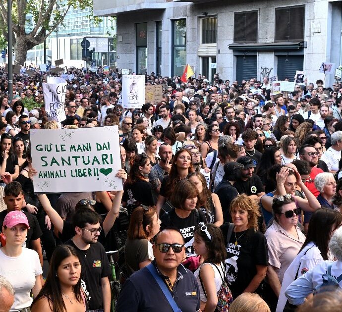 “Giù le mani dagli animali dei santuari”: in 20mila a Milano per difendere le bestie salvate dai macelli. In corteo anche Ornella Muti e la figlia Naike Rivelli