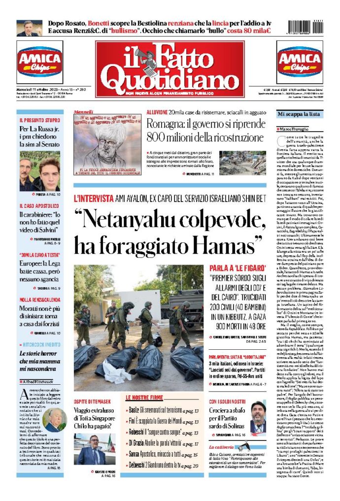 Copertina de Il Fatto Quotidiano di Mer 11 Ottobre 2023