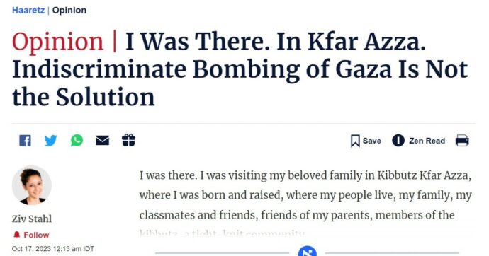 “Bombardare Gaza non è la soluzione”. L’editoriale su Haaretz della giornalista superstite del massacro al kibbutz di Kfar Aza