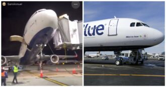 Copertina di L’aereo si ribalta all’indietro mentre i passeggeri stanno scendendo, attimi di paura in aeroporto: ecco come è potuto succedere – VIDEO