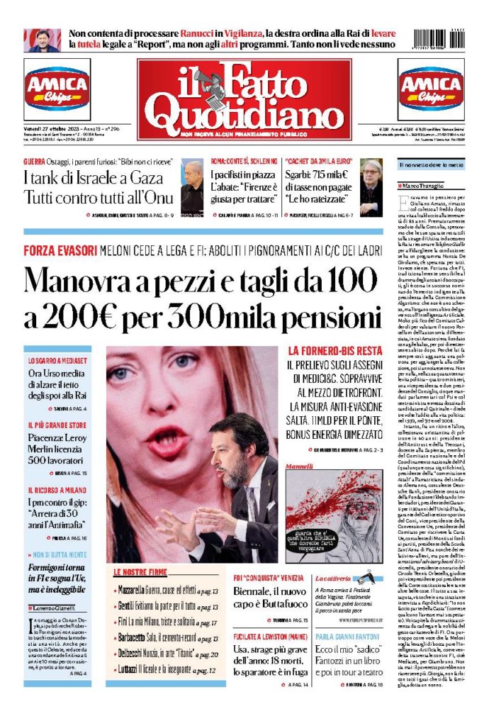 Copertina di venerdì 27 Ottobre 2023