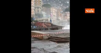 Copertina di Mareggiata in Liguria, crolla un ristorante sulla spiaggia di Camogli: così l’acqua fa sprofondare la palafitta – Video