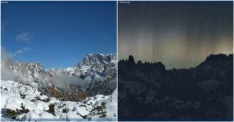 Copertina di Aurora boreale sulle Dolomiti, lo spettacolo del cielo ripreso dal rifugio Città di Carpi del Cai – Video