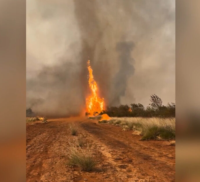 Tornado di fuoco si alza dal campo in fiamme, il raro fenomeno ripreso in Australia: “Possiamo solo osservare”