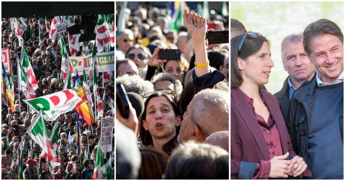 Prove di alternativa a Meloni, Pd in piazza: “Siamo 50mila”. Abbraccio Schlein-Conte: “Messaggio al governo, basta guerra ai poveri”