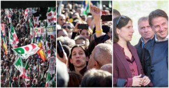 Copertina di Prove di alternativa a Meloni, Pd in piazza: “Siamo 50mila”. Abbraccio Schlein-Conte: “Messaggio al governo, basta guerra ai poveri”