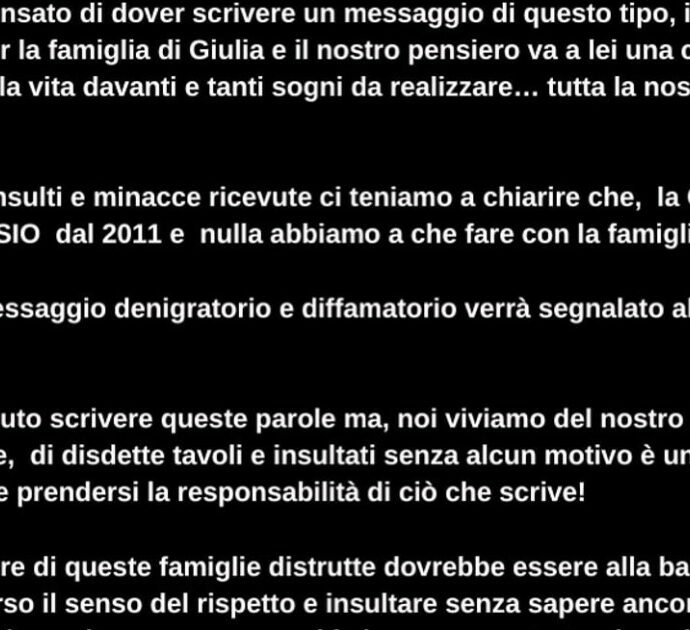 Disdette, insulti e minacce di morte al ristorante di Torreglia, lo sfogo del gestore: “Basta, non abbiamo a che fare con la famiglia Turetta”