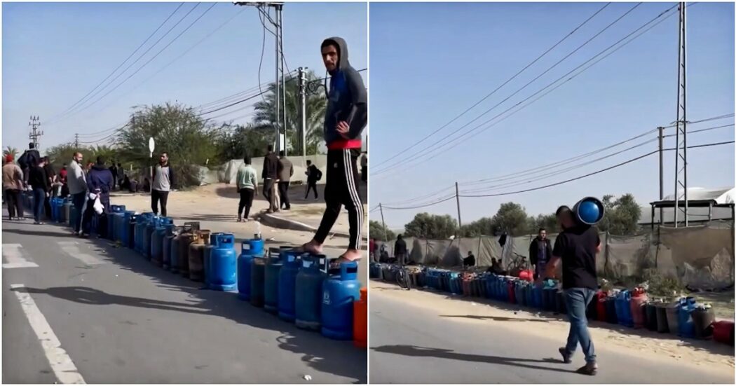 Gaza, la lunghissima fila di persone in coda per ricaricare le bombole del gas: il video