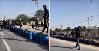 Copertina di Gaza, la lunghissima fila di persone in coda per ricaricare le bombole del gas: il video