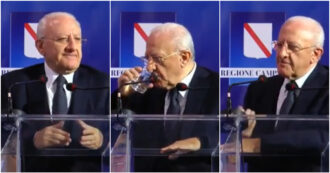 Copertina di De Luca beve e l’acqua gli va di traverso: “Ministri portano seccia… ma io sono attrezzato”