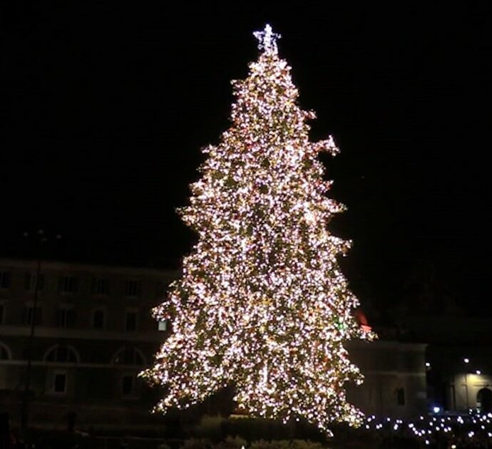 L’albero di Natale di Roma trasloca in piazza del Popolo, Gualtieri all’accensione: “Abete illuminato per la pace, guardando a chi soffre”