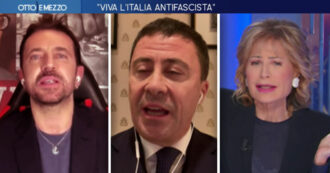 Copertina di Bocchino: “Costituzione non dice che l’Italia è antifascista, la maggioranza degli italiani non è con Vizzardelli”. Scontro con Gruber e Scanzi