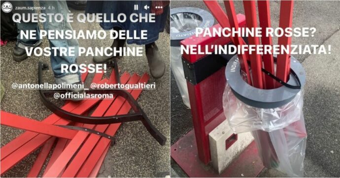 Roma, smontata per protesta la panchina rossa inaugurata alla Sapienza: “Vogliamo centri antiviolenza e consultori”