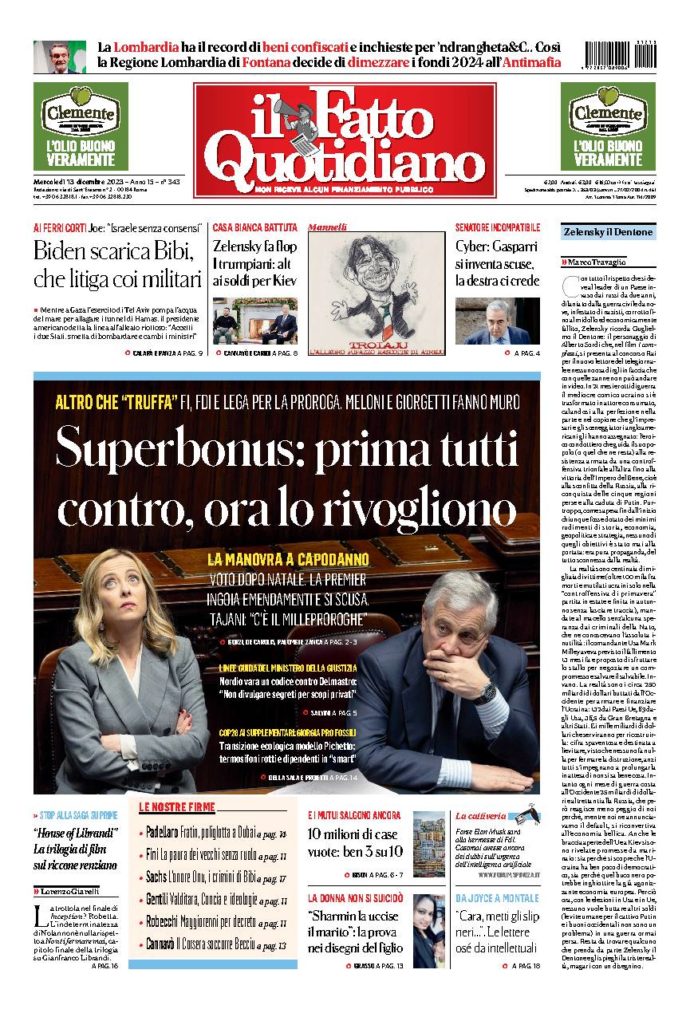 Copertina de Il Fatto Quotidiano di Mer 13 Dicembre 2023