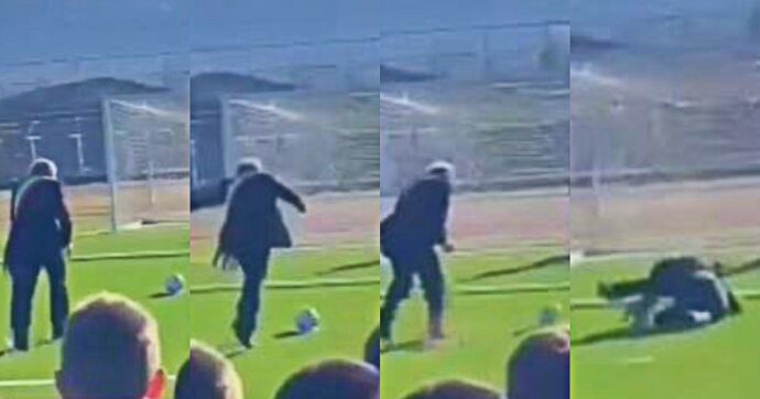 Domeniche Bestiali – Il rigore del sindaco: ciccata clamorosa, poi inciampa e finisce a terra (video)