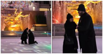 Copertina di Salvatore Esposito si inginocchia sulla pista di ghiaccio del Rockefeller center di New York e chiede alla compagna Paola Rossi di sposarlo – VIDEO