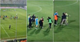 Copertina di Cesena-OIbia, il padre dell’attaccante Shpendi invade il campo e aggredisce il portiere avversario Rinaldi: il video