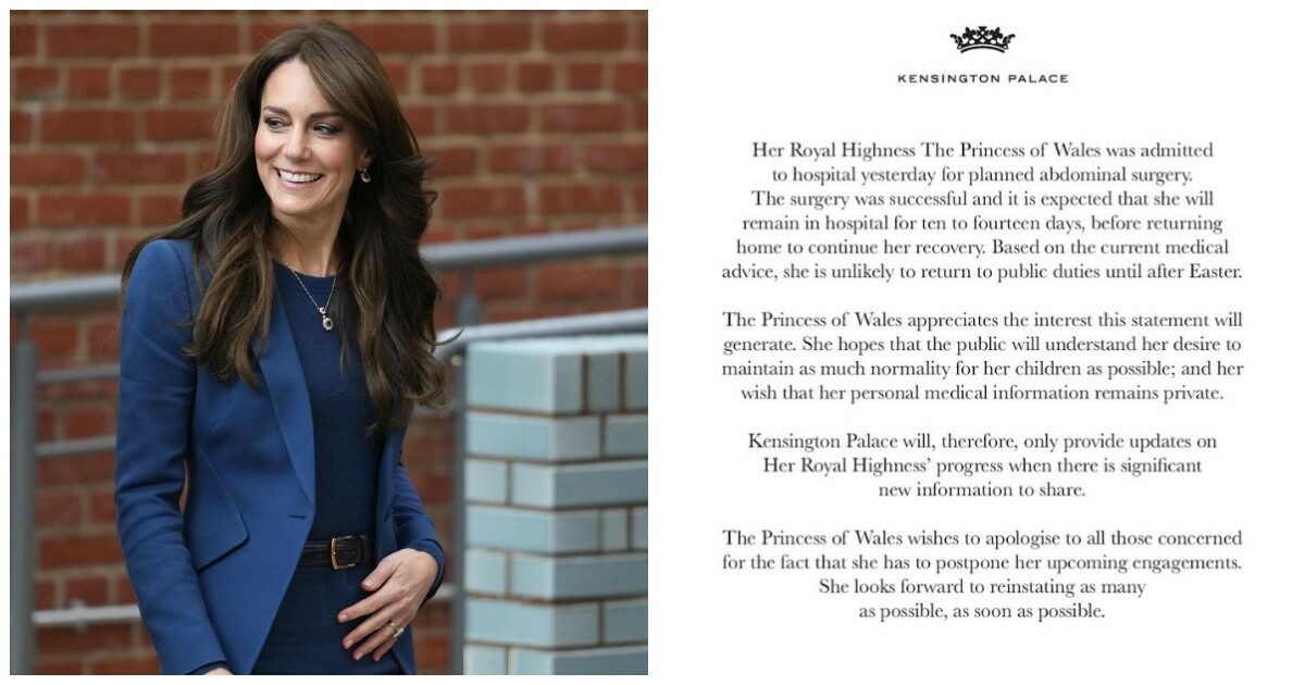 Kate Middleton operata all’addome, la Bbc: “Condizioni mediche serie, resta in ospedale 15 giorni”. Kensington Palace: “Non si tratta di un tumore”